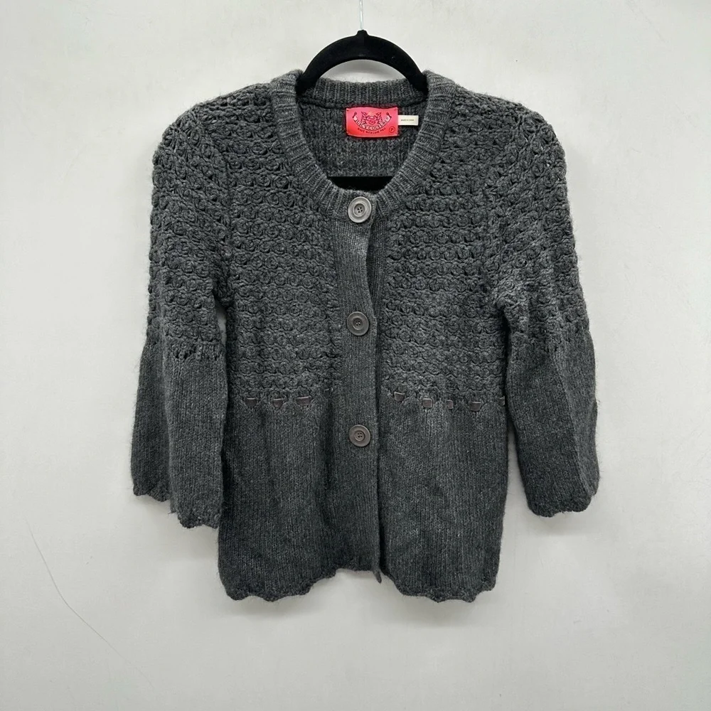 VINTAGE Y2K JUICY COUTURE SP grey knit woman bell sleeve crochet knit cardigan